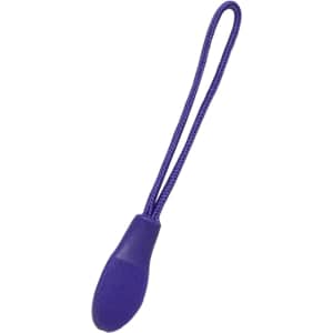 A purple zip puller with a looped cord, designed as a clothing accessory. It has a textured surface for grip.