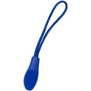 A blue changeable zip puller with a looped attachment, designed for clothing accessories.