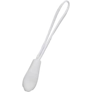 A white zip puller with a looped cord, designed as a clothing accessory.