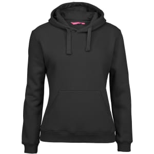 A black women's hoodie with a front pocket and a drawstring hood, featuring a branded logo.
