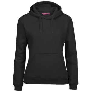 A black hoodie featuring a front pocket and a drawstring hood. It includes branding on the label.