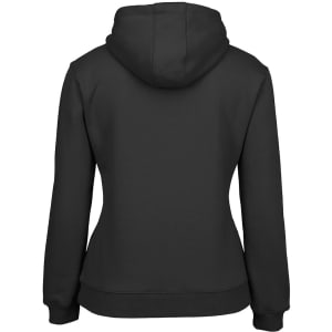 A black hoodie with a kangaroo pocket and a drawstring hood, featuring a plain design and a hidden logo.