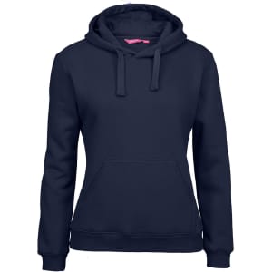 A navy blue hoodie with a front pocket and a drawstring hood. The hoodie features a logo.
