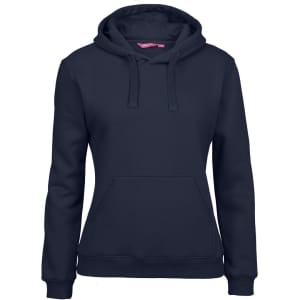 A navy hoodie with a front pocket and drawstring hood. It features a branding logo.