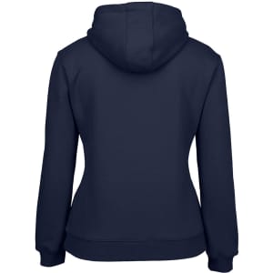A navy blue hoodie with a back view, featuring a drawstring hood and a snug fit. It has a logo.