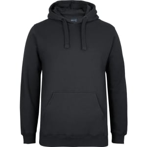 A black hoodie featuring a front pocket and drawstrings on the hood. It has a logo on the label.