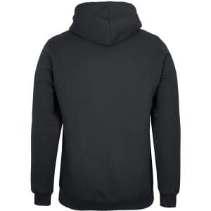 A black hoodie with a hood, featuring a clean, minimalist design and a logo at the back.