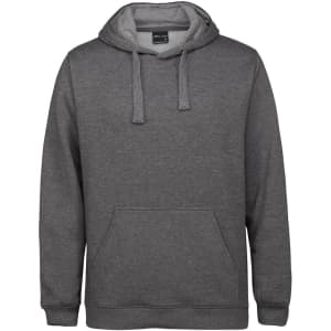 A grey hoodie featuring a front pocket and drawstring hood, with a logo on the chest area.