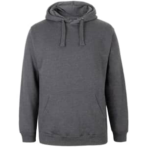 A grey hoodie featuring a front pocket and a drawstring hood, with a small branding label.