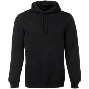 A black hoodie featuring a front pocket and drawstring hood, with a logo present.