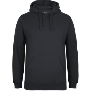A black hoodie with a front pocket and drawstring hood, featuring a logo.