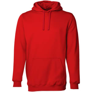 A red hoodie featuring a kangaroo pocket and a classic pullover design, complete with a hood.