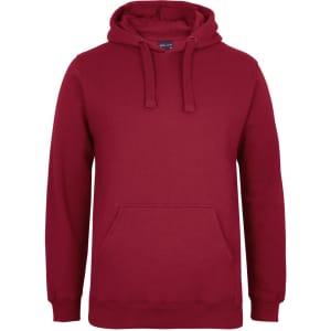 A maroon hoodie with a front pocket and drawstring hood. It features a logo on the chest area.