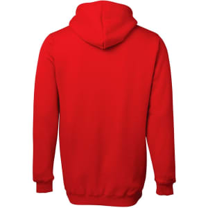 A red hoodie with a spacious hood and long sleeves, featuring a plain back design.