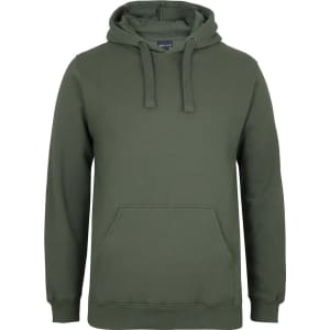 A green hoodie with a front pocket and drawstring hood, featuring a small logo on the chest.