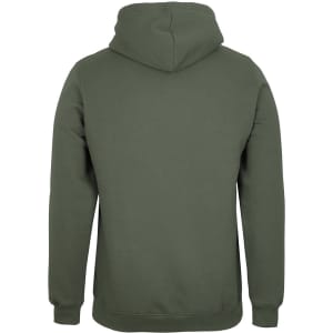 A green hoodie with a kangaroo pocket and a hood, featuring a logo on the back.