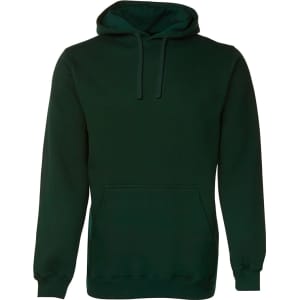 A dark green hoodie with a front pocket and an adjustable drawstring hood. There is a logo on the garment.