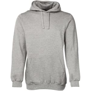 A grey hoodie with a front pocket and a drawstring hood, featuring a logo.