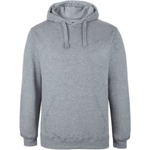 A grey hoodie with a front pocket and adjustable drawstrings on the hood. It features a logo on the front.