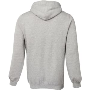 A grey hoodie featuring a kangaroo pocket and a drawstring hood, with a logo on the back.
