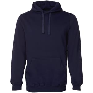 A navy hoodie featuring a front pocket and drawstring hood. The design includes a logo or branding.