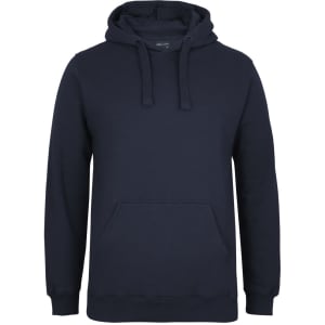A dark navy hoodie with a kangaroo pocket and a drawstring hood, featuring a logo on the front.