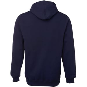 A navy hoodie featuring a hood and long sleeves, with a plain back design and a branded logo.