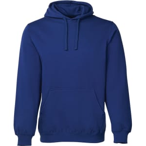 A blue hoodie featuring a front pocket and a drawstring hood, with a logo on the garment.