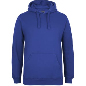 A blue hoodie with a front pouch pocket and a drawstring hood. It features a logo on the label.