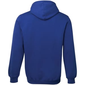 A navy blue hoodie featuring a hood and long sleeves, with a logo on the back.