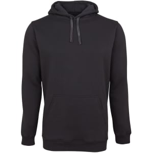 A black hoodie with a front pocket and a drawstring hood. It features a logo on the front.