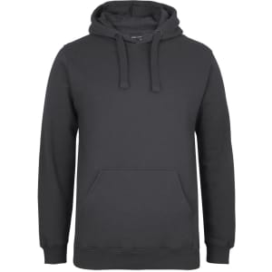 A dark grey hoodie featuring a kangaroo pocket and a hood, with a simple design and no visible logos.
