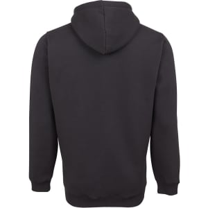 A black hoodie featuring a hood and long sleeves, with a plain design and a brand logo on the back.