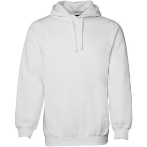 A white hoodie featuring a front pocket and a hood. The garment has a logo on it.