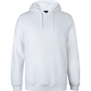 A white hoodie featuring a front pocket and a drawstring hood. The garment has a logo on it.