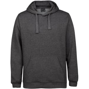 A grey hoodie with a front pocket and drawstring hood. It features a logo on the chest area.
