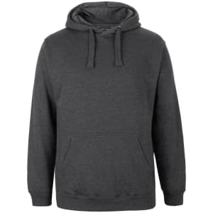 A dark grey hoodie featuring a front pocket and adjustable drawstring hood, with a small logo.
