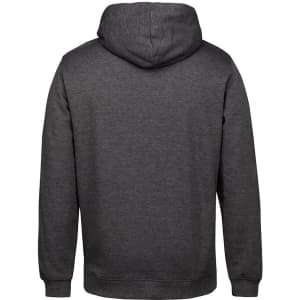 A grey hoodie with a lined hood and long sleeves, featuring a branding logo on the back.