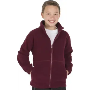 A maroon polar fleece jacket worn by a smiling child, featuring a front zipper and two pockets.