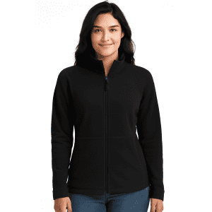 A woman wearing a black full zip polar jacket, featuring a high collar and a fitted design, with a branded logo.