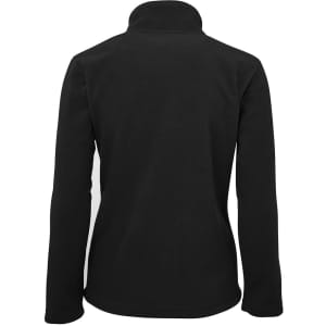 A black polar fleece jacket featuring a high collar and a smooth finish, with a branding logo.