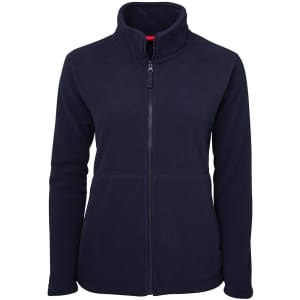 A navy polar fleece jacket with a full zip and stand-up collar, featuring two front pockets and a logo.