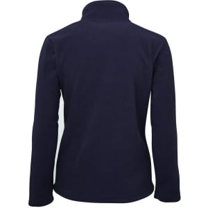 A navy blue polar fleece jacket with a full zip and high collar, featuring a branding logo.