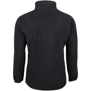 A black polar fleece jacket with a high collar and long sleeves, featuring a branding logo.