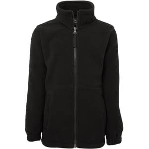 A black polar fleece jacket with a zip front, high collar, and side pockets. It features a logo on the chest.