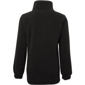 A black polar fleece jacket featuring a high neck and elasticised cuffs at the sleeves. It has a branding logo on the back.
