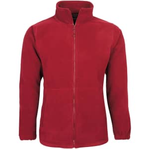 A red polar fleece jacket with a zip front, high collar, and side pockets. It features a logo on the chest.