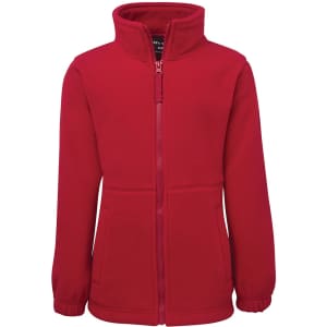 A red polar fleece jacket with a zip closure and two front pockets, featuring a branding logo.