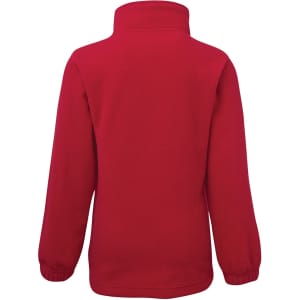 A red polar fleece jacket featuring a high collar and long sleeves. It has a logo on the back.