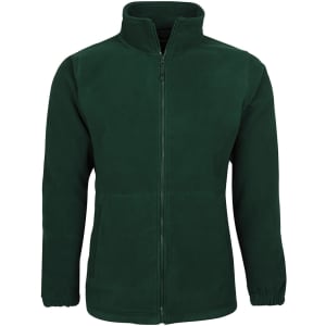 A polar fleece jacket in a deep green colour featuring a full zip and two side pockets, with a logo on the front.